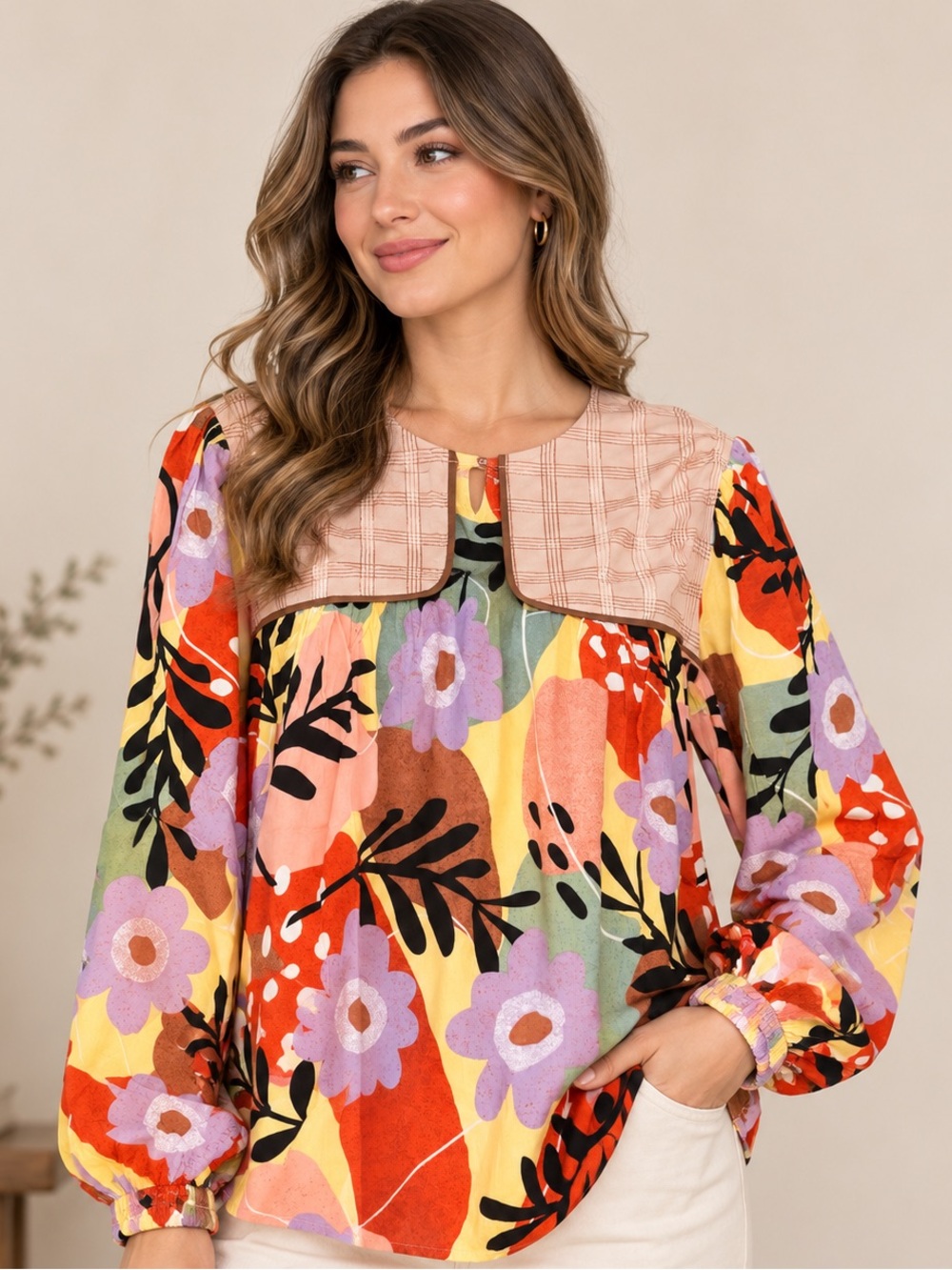 Easel Fall Floral Patchwork Long-Sleeve Top - Multicolor NWT